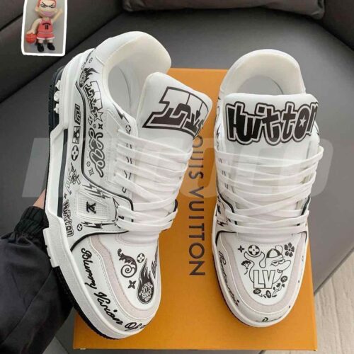 Sneakers with Louis Vuitton branding and a trendy, blurring vision aesthetic. Buy trendy type in Nigeria