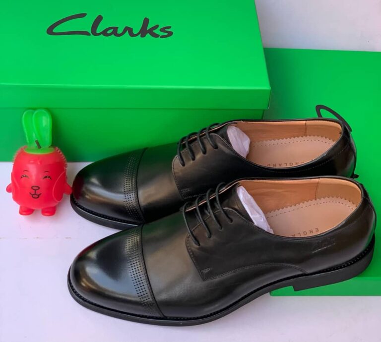 A pair of black Clark's Loafer shoes, displayed on a green box with a small red plush toy.