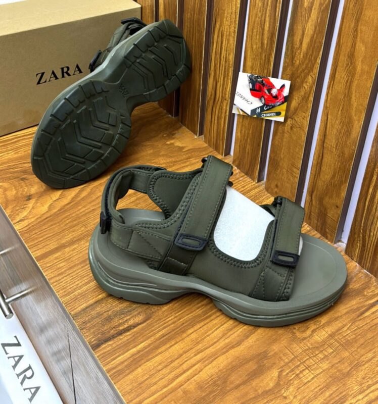 ZARA sandals on display, showcasing their design and quality. The image highlights the sandals' adjustable straps, breathable material, and stylish design.