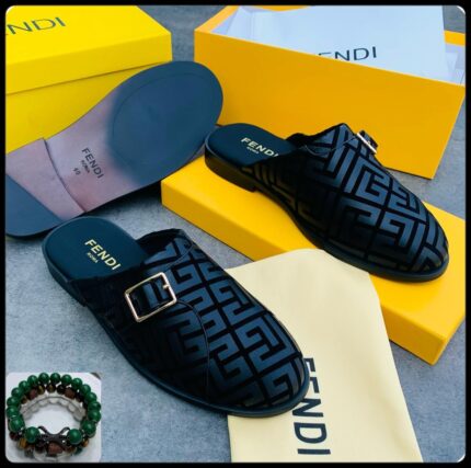 Fendi Roma FF Embossed Black Velvet Mules