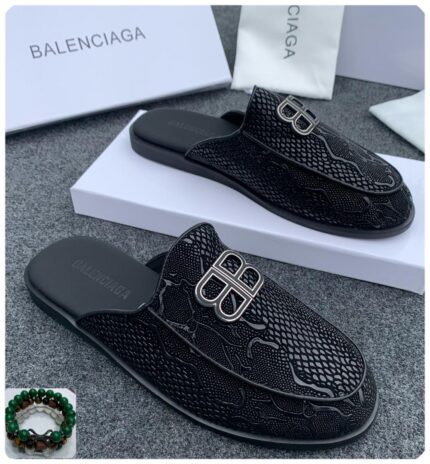 Balenciaga Men's BB Logo Embossed Leather Mules