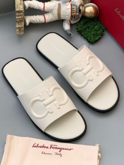 Salvatore Ferragamo Gancini Embossed Leather Slides