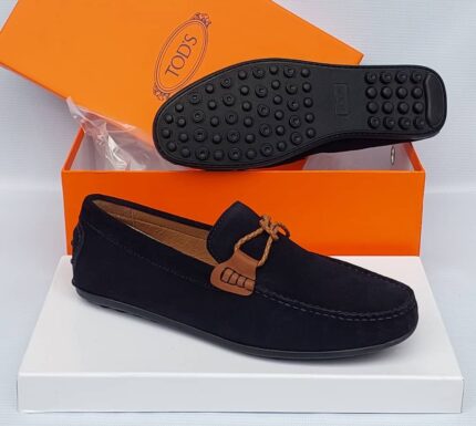 Tod's Gommino Suede Driving Loafers with Leather Tie (Navy Blue)