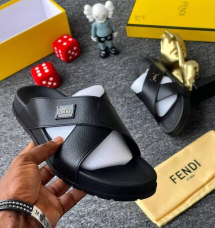 Fendi Roma Cross-Strap Leather Slides – Black
