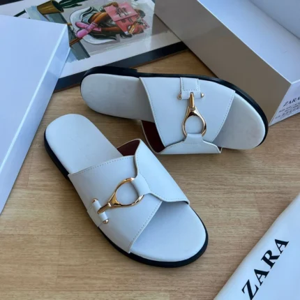Zara Leather Gold-Hardware Slides ( White)