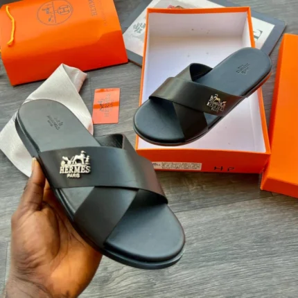 Hermès Paris  Leather Cross-Strap Slides (Black)