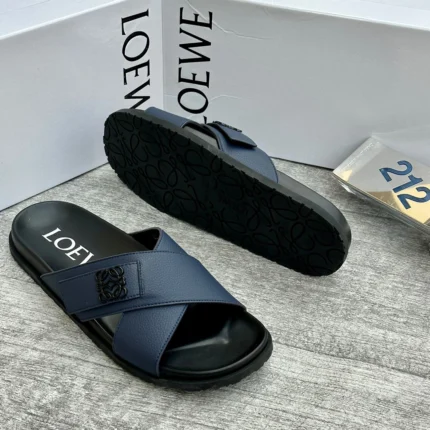 Loewe  Cross-Strap Leather Slides  (Navy blue)
