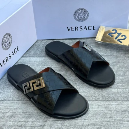 Luxury Croc-Texture Designer Slide Sandals ( Black)