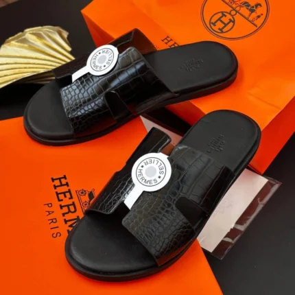 Croc Leather Luxury Slide Sandals (Black )