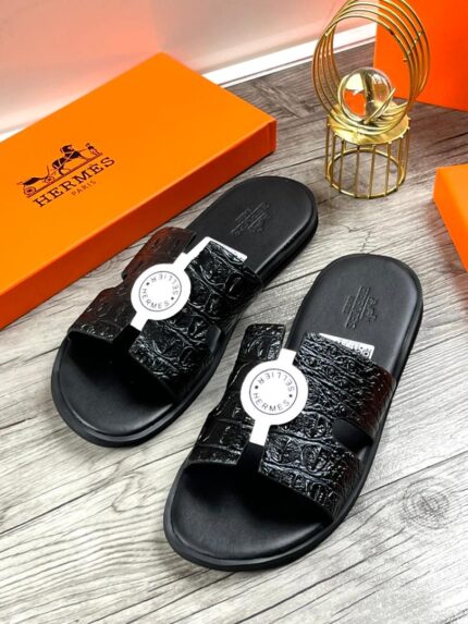 Hermes Croc-Embossed Leather Slides