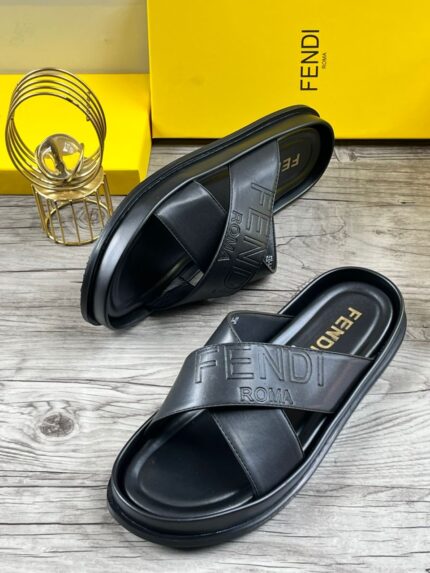 Fendi Roma Black Cross Strap Leather Slides