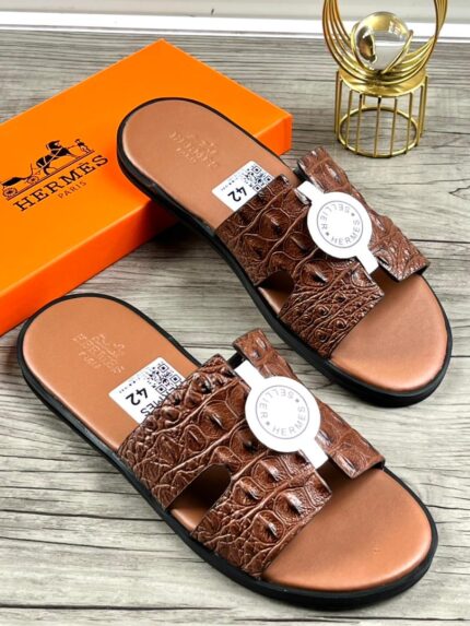Hermes Croc-Embossed Leather Slides (Brown)