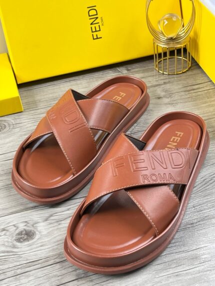 Fendi Roma Cross Strap Leather Slides (Brown)