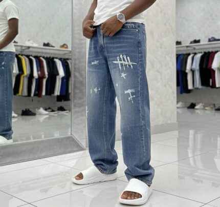 White Graffiti-style Baggy Blue Jeans