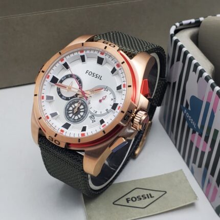 Luxury Fossil chronograph Rose Gold case and black strap wristwatch