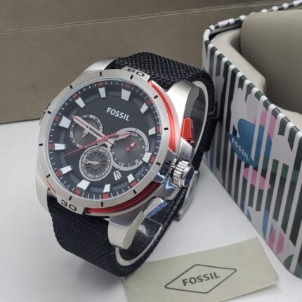 Luxury Fossil chronograph Silver case and Black Strap wristwatch